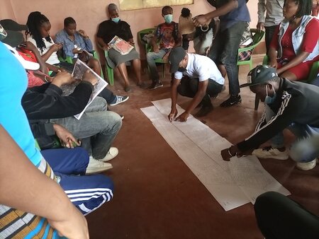 Group of people mapping out paper on the floor