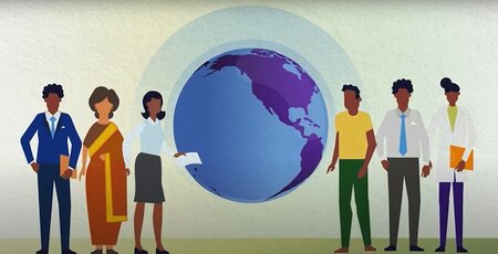 Cartoon image of people beside a globe